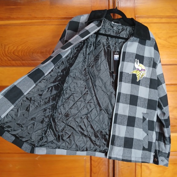 NWT Minnesota Vikings NFL Jacket Men's Medium Grey Plaid Full Zip Embroidered - Picture 3 of 8